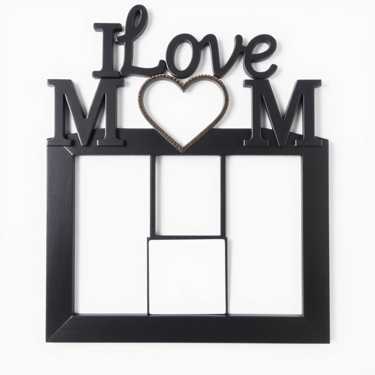 Create a high-resolution image of a black "I Love Mom" photo frame with three empty rectangular slots on a clean white background, captured with a DSLR camera at f/2.8 aperture, 50mm lens, ISO 100, natural lighting, and a shallow depth of field for enhanced image quality.