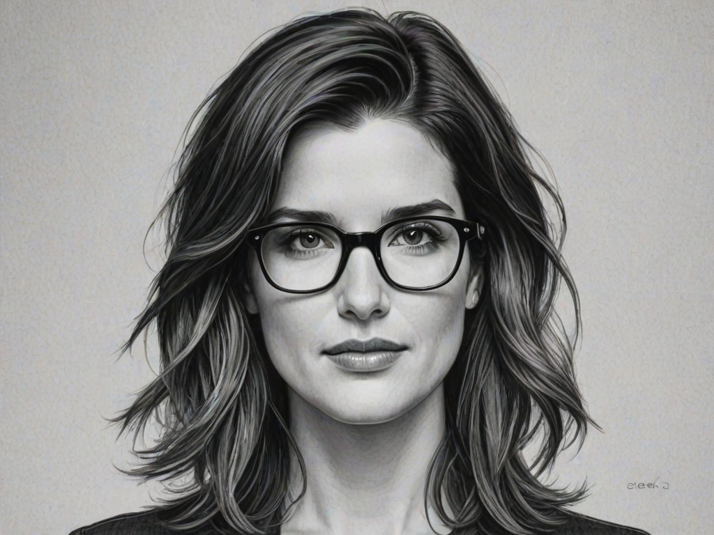 Gorgeous Cobie Smulders, pencil sketch, portrait of Charming woman 1968s in glasses, hair style beatnik, outline, clear lines, fine lines, 8k