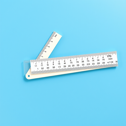 Create a high-resolution image of a white triangular ruler on a blue circular background with a soft shadow, using a 50mm lens, f/1.8 aperture, ISO 100, and a focus distance of 1 meter.
