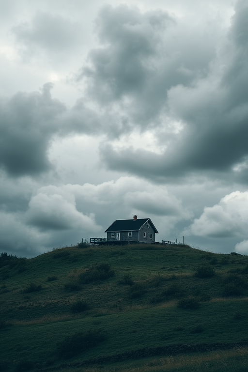 Capture a solitary house on a hill under a moody overcast sky, using a Canon EOS R5 with a 24-70mm f/2.8 lens at f/8, ISO 100, and a shutter speed of 1/125s, in a wide-angle perspective to emphasize the dramatic clouds and surroundings.