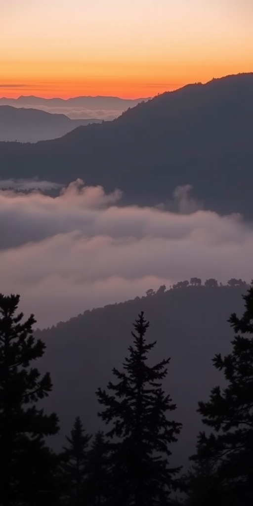 capture a misty mountain landscape during sunset with soft orange hues using a DSLR camera with a 35mm lens, aperture f/8, ISO 200, shutter speed 1/125s, in portrait orientation, aimed at a low angle to highlight tree silhouettes in the foreground