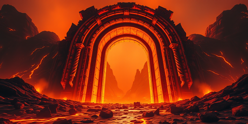 create a hyper-realistic image of a grand fiery portal in a hellish landscape, with molten lava flowing around, dramatic lighting highlighting the intricate details of the archway, captured with a full-frame DSLR camera at f/1.8, ISO 100, 1/125 sec, wide-angle lens, using a low angle view to emphasize the height and grandeur of the structure