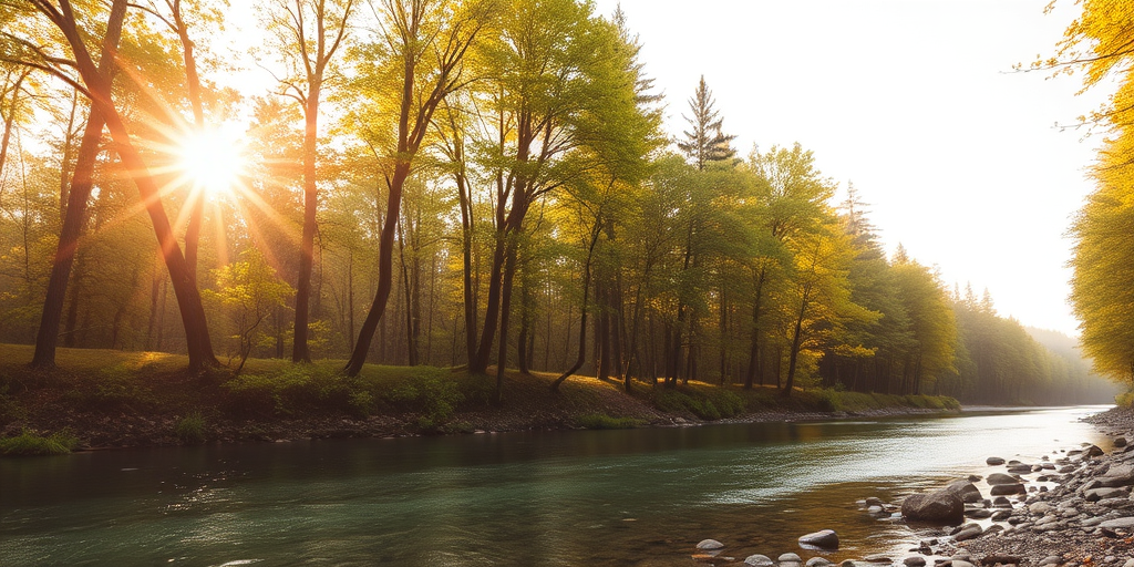 Create an image of a serene, sunlit forest scene with a clear, gently flowing river. Tall trees with lush green foliage line both sides of the river, their leaves bathed in the warm golden light of the setting or rising sun. The sunlight filters through the trees, casting soft, dappled light on the river, which flows over smooth rocks and pebbles, creating a peaceful, natural atmosphere. The sky is bright with a few scattered clouds, and the overall mood is tranquil, evoking a deep sense of connection with nature. The image captures the beauty of a calm, pristine forest landscape at either dawn or dusk.