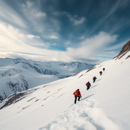Create an image of a snow-covered mountain landscape with hikers ascending a steep slope, using a DSLR camera set to ISO 100, f/8 aperture, 1/250 sec shutter speed, wide-angle lens at 24mm, captured from a low angle to emphasize the grandeur of the mountains in the background under a partly cloudy sky.