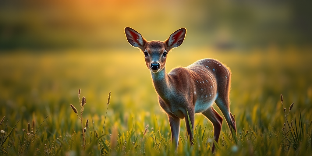 Capture a serene image of a young deer in a lush green meadow during golden hour using a DSLR camera, 85mm lens, aperture f/2.8, ISO 200, shutter speed 1/200 sec, with a shallow depth of field for a soft background blur.