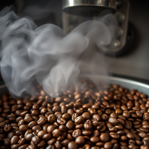 high-resolution image of freshly roasted coffee beans in a roasting machine with steam rising, captured with a Canon EOS R5, aperture f/2.8, shutter speed 1/200s, ISO 100, 50mm lens, natural light, shallow depth of field, emphasizing texture and details