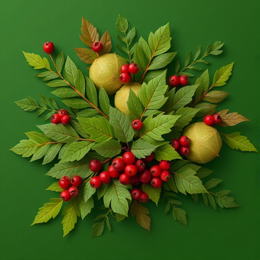 Generate a vibrant flat design illustration of various green and brown foliage with berries on a deep green background, with soft focus, ISO 100, f/2.8 aperture, and 50mm lens.
