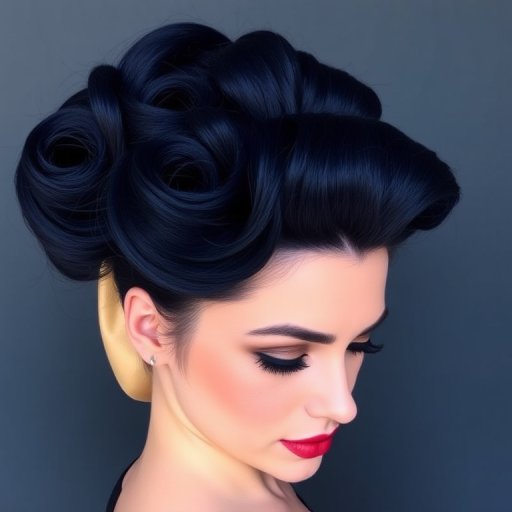 Deep sapphire blue locks styled in a voluminous, retro-inspired bouffant with victory rolls, channeling vintage glamour in the "Midnight Starlet" hairstyle