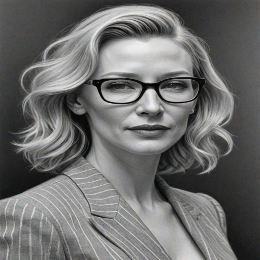 Stunning Cate Blanchett, pencil sketch, portrait of Fascinating woman 1941s in glasses, hair style beatnik, outline, clear lines, fine lines, 8k