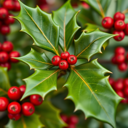 Create an illustration of holly leaves with red berries, using a DSLR camera type, macro view, aperture f/2.8, shutter speed 1/125s, and natural lighting for enhanced image quality.