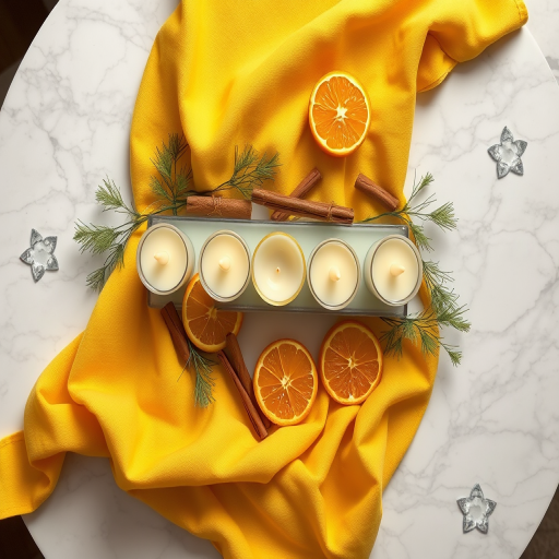 Create a warm and inviting image of a decorative candle arrangement on a marble table with a soft yellow cloth underneath, featuring five wicks partially melted, adorned with orange slices and cinnamon sticks, captured in natural light using a DSLR camera with an aperture of f/2.8, ISO 100, shutter speed 1/125 sec, from a top-down view to emphasize the details and textures.