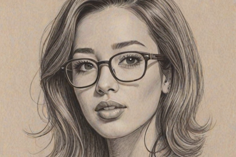 Enticing Christian Serratos, pencil sketch, portrait of Enticing woman 1964s in glasses, hair style beatnik, outline, clear lines, fine lines, 8k