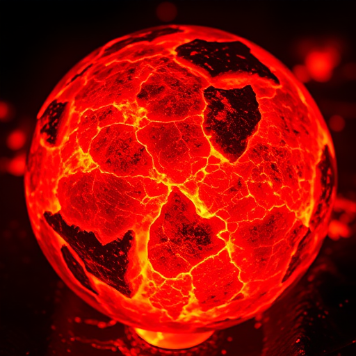 Generate a highly detailed and textured image of a molten lava sphere with glowing cracks and red-orange hues, captured with a DSLR camera at f/8, ISO 100, 50mm lens, using a macro perspective and soft lighting to enhance the fiery details.