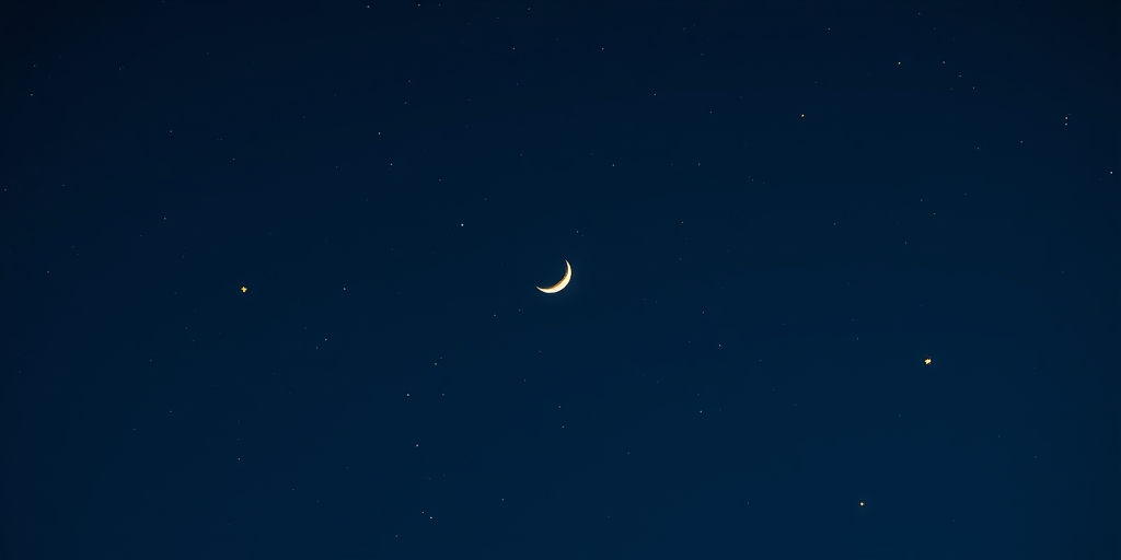 Create a night sky scene featuring a crescent moon and scattered yellow stars, captured with a DSLR camera at f/2.8, ISO 100, shutter speed 1/60s, using a wide-angle lens at an eye-level perspective for enhanced clarity and detail.