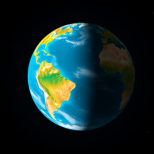 Create a high-resolution image of a partially lit Earth-like planet in space with vibrant turquoise oceans and golden landmasses, captured from a slight angle to showcase its curvature, using a DSLR camera at f/8 aperture, ISO 100, shutter speed 1/250s, with a wide-angle lens for a panoramic view.
