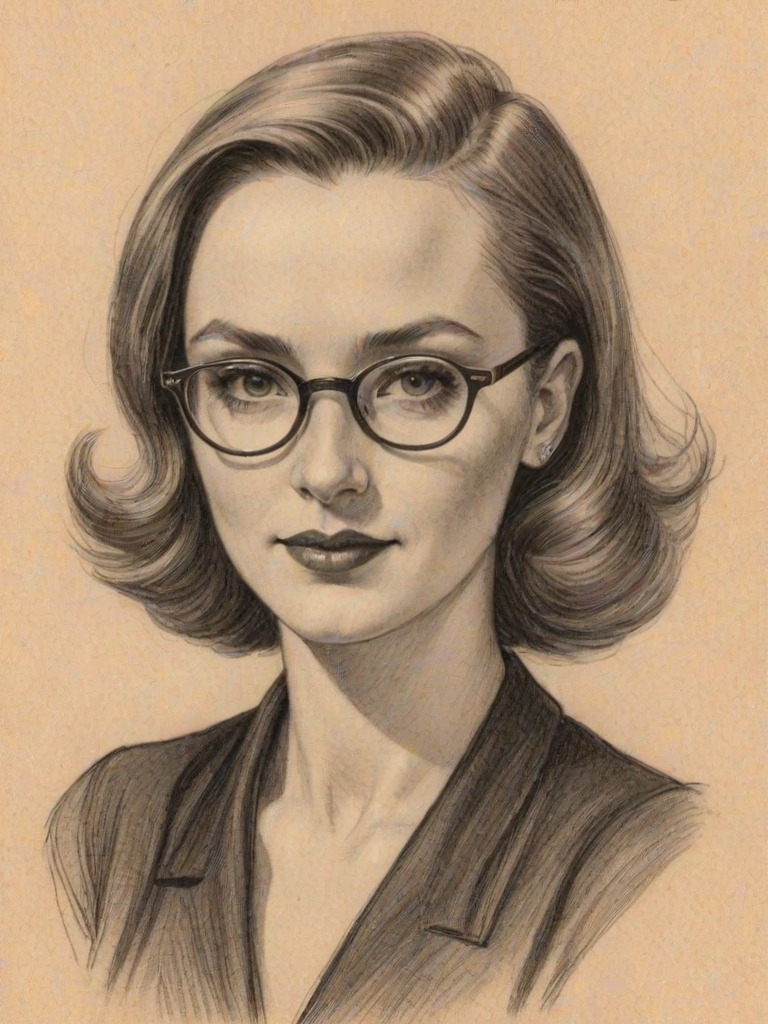 Charming Laura Innes, pencil sketch, portrait of Bewitching woman 1937s in glasses, hair style beatnik, outline, clear lines, fine lines, 8k