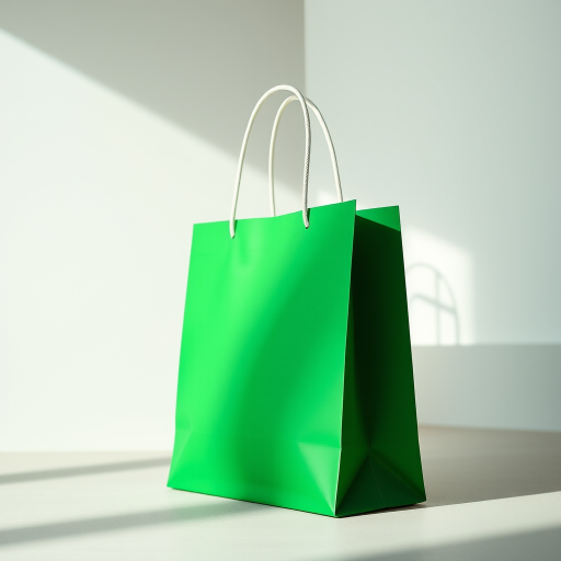 Create a high-resolution image of a green shopping bag, using a Canon EOS R5 camera, 50mm lens, f/1.8 aperture, ISO 100, natural lighting, side view, with a slight shadow for depth.