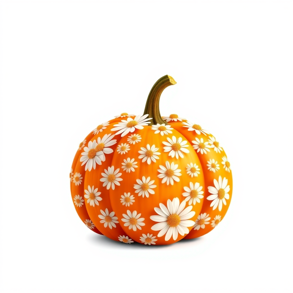a whimsical orange pumpkin with white daises pattern covering the pumpkin. Solid white background sublimation vector 3000dpi 32k