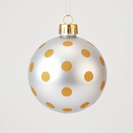 Create a high-resolution image of a silver Christmas ornament with gold polka dots, front view, using a DSLR camera with a 50mm lens, aperture f/2.8, ISO 100, and a softbox for even lighting.