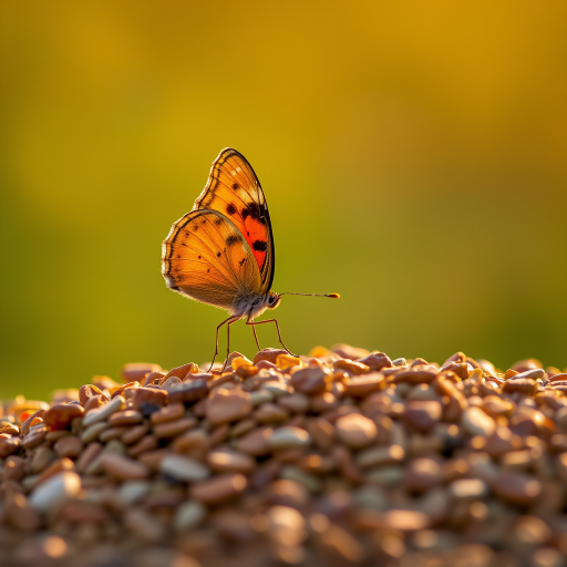 A vibrant orange and yellow butterfly with black markings is perched on a bed of small, brown pebbles in the warm, golden light of a setting sun. The butterfly is facing the viewer with its wings slightly raised, creating a sense of delicate movement. The background is a soft, blurred green and yellow, creating a gentle, natural atmosphere. The image is captured in a close-up perspective, focusing on the butterfly's intricate details and the warm glow of the sunlight.