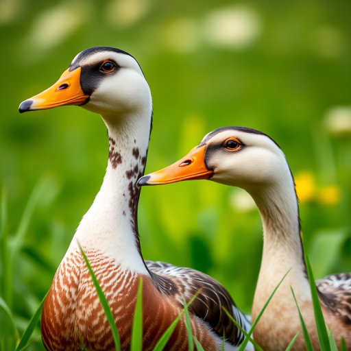 close-up of two ducks in a lush green field, shallow depth of field, 50mm lens, aperture f/2.8, ISO 200, natural light, DSLR camera, vibrant colors