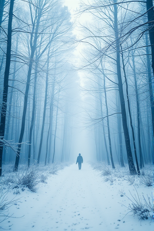 Create a serene winter forest scene with a lone figure walking through a snowy landscape, soft blue and white color palette, misty atmosphere, captured with a Canon EOS R5, 50mm lens, f/1.8 aperture, ISO 100, and a shallow depth of field to enhance the dreamlike quality.