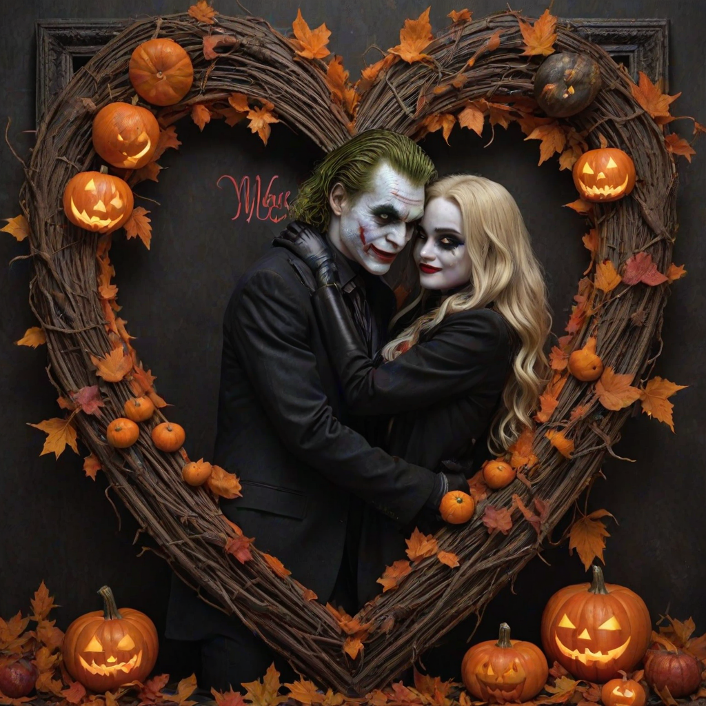 The Joker, neat, wearing a black suit and a beautiful Harley Quinn with long hair, both romantic, hugging and cuddling in the middle of a neon linen black heart frame decorated with dead leaves, bats, and small pumpkins, with a label at the bottom that reads 'Mad Love' made of linen, in a photo realistic style.