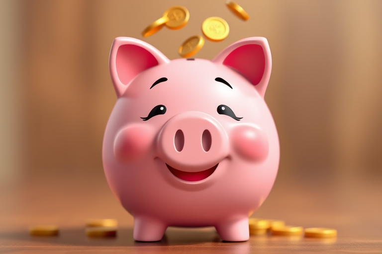 Create a cartoon-style illustration of a smiling pink piggy bank with golden coins floating above it, 50mm lens, f/2.8 aperture, soft focus background, high-resolution digital rendering.