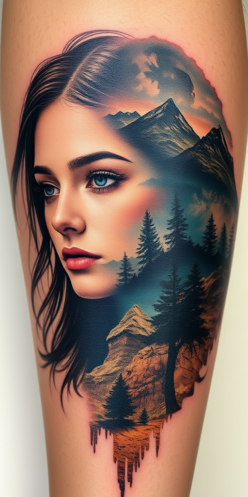 Surrealist double exposure tattoo blending a portrait with natural landscapes, creating a dreamlike image that seamlessly merges human and environmental elements