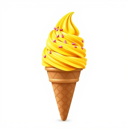 Generate a high-quality illustration of a yellow ice cream cone with swirls and pink sprinkles, using a DSLR camera with a 50mm lens, aperture f/1.8, shutter speed 1/100s, and ISO 200, in a studio setting with soft lighting and a plain white background.