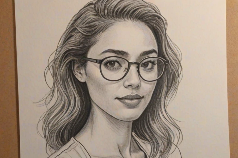 Wonderful Lindsey Morgan, pencil sketch, portrait of Sublime woman 1980s in glasses, hair style beatnik, outline, clear lines, fine lines, 8k