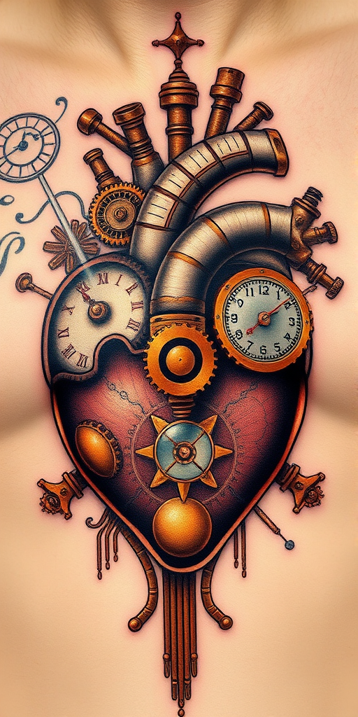 Steampunk tattoo named "Chrono Construct" featuring an intricate mechanical heart design with gears, pistons, and clockwork elements, accented with copper and brass tones, creating the illusion of a functioning steam-powered organ, suitable for chest, back, or upper arm placement
