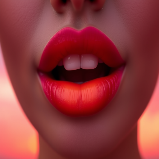 Sunset-inspired ombre lips blending warm oranges, pinks, and purples, mimicking the colors of a beautiful twilight sky, perfect for a romantic summer evening