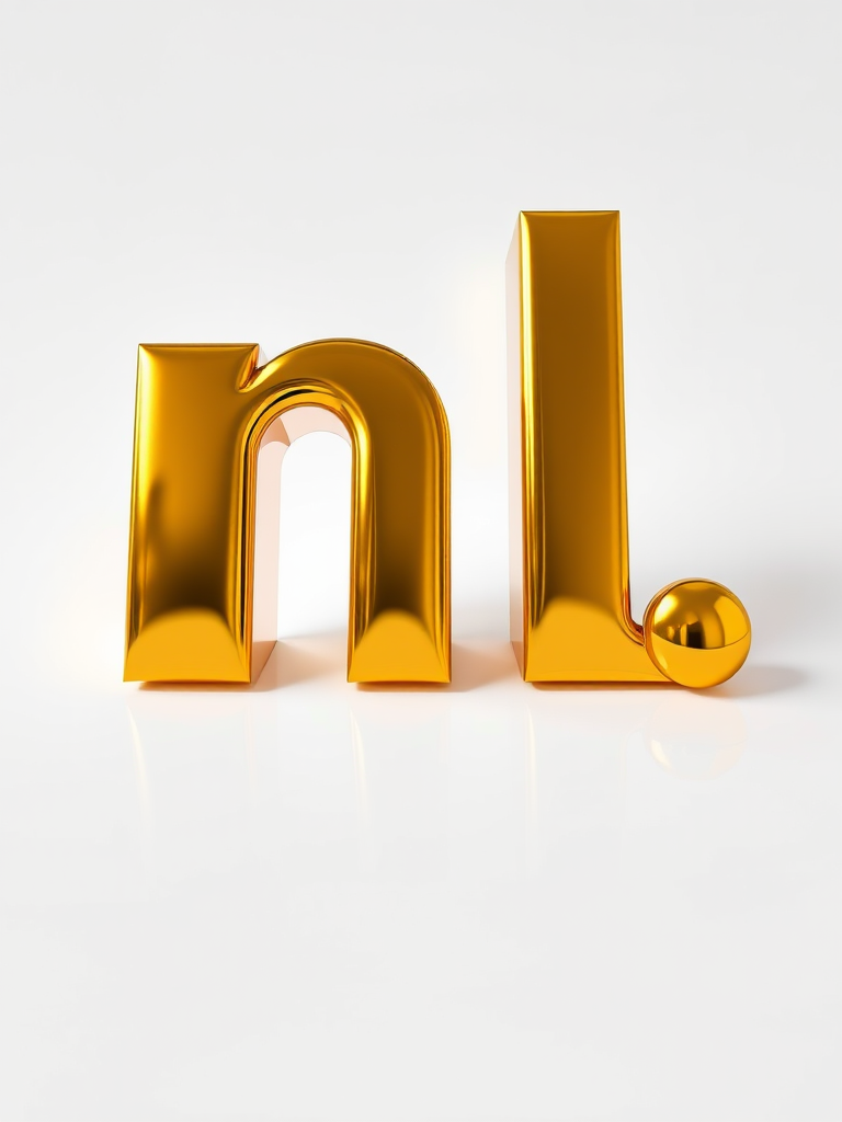 Create a 3D glossy golden letter "n" on a white background, using a Canon EOS R5 camera with an aperture of f/2.8 and ISO 100, capturing the scene from a 45-degree angle to enhance reflections and depth.