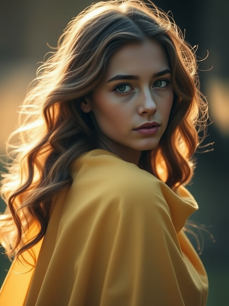 portrait of a young woman with long wavy hair wearing a soft yellow cloak, soft dramatic lighting from behind, 85mm lens, f/1.8 aperture, ISO 100, shallow depth of field, DSLR camera, soft focus style, ethereal atmosphere