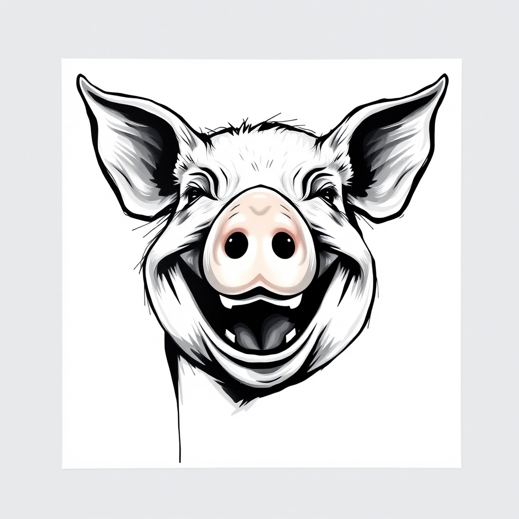 Abstract black and white acrylic portrait of an over exaggerated laughing (pig). Minimalism style. White background.