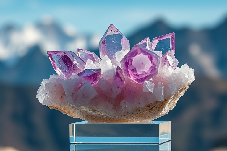 Create a highly detailed image of a crystalline structure with sharp, reflective edges and various hues of purple and white, placed on a sleek glass base, captured with a Canon EOS R5, 50mm lens, aperture f/1.8, ISO 100, in soft natural light with a shallow depth of field to enhance the intricacies of the crystals against a blurred mountainous backdrop.