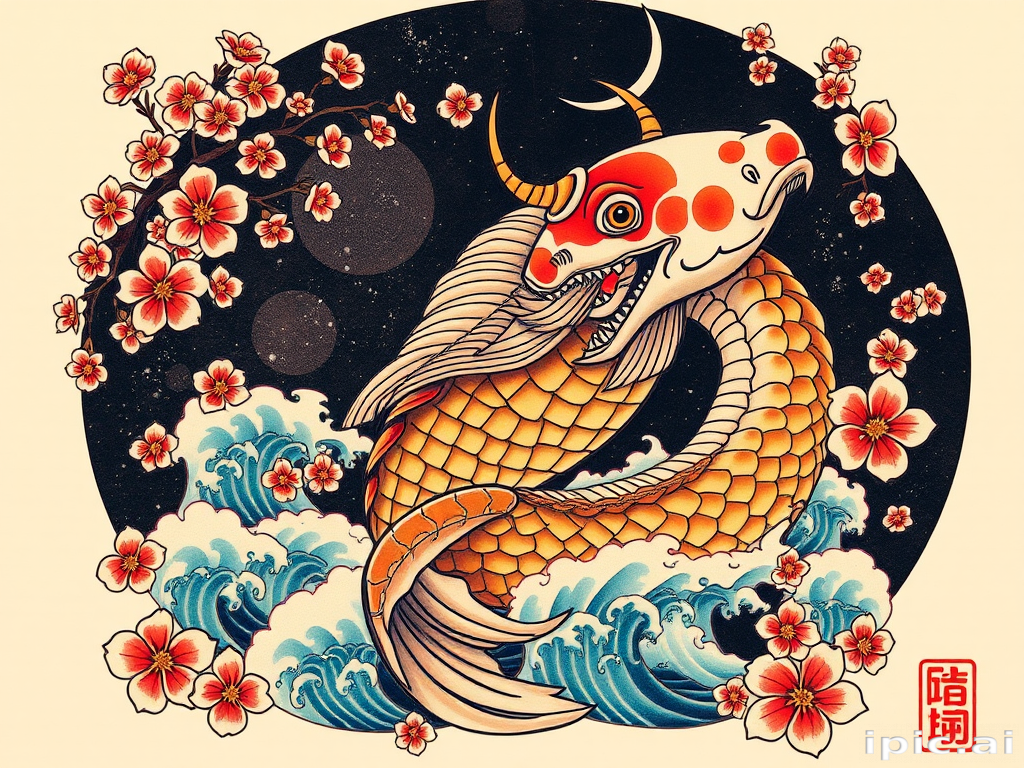 Japanese-inspired tattoo called "Koi Ascension" depicting a large, colorful koi fish transforming into a fierce dragon as it swims upstream, surrounded by cherry blossoms and traditional wave patterns, utilizing bold colors and flowing lines to create a sense of movement and transformation