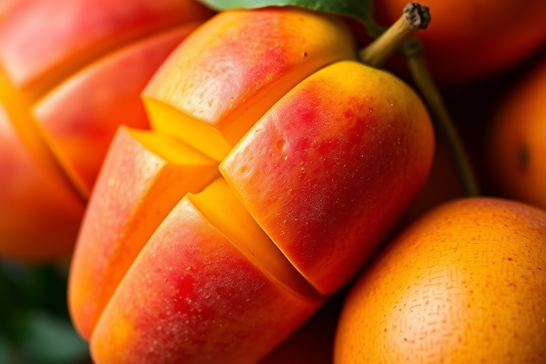 mangoes with vibrant colors and detailed textures, close-up view, soft natural lighting, high resolution, 50mm lens, f/2.8 aperture, DSLR camera