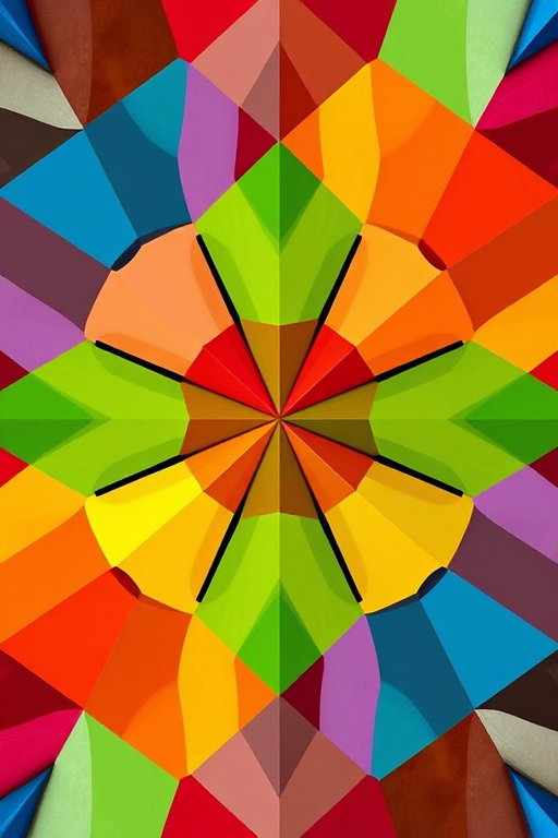 Create an abstract geometric pattern with vibrant colors and a mix of sharp and soft edges, shot with a DSLR camera at f/8 aperture, 1/125 shutter speed, ISO 100, in a high-resolution close-up view, using natural lighting to enhance details and texture.