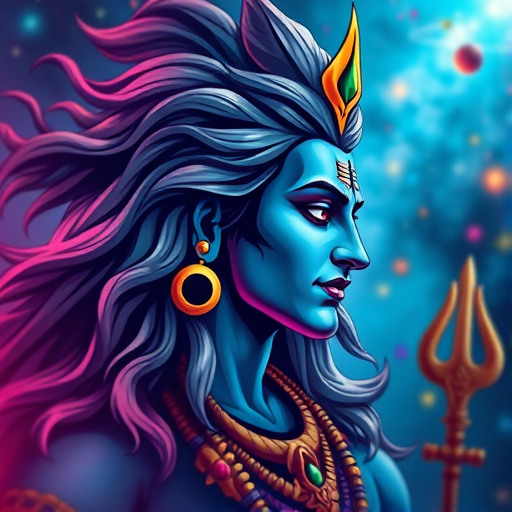 Create a vibrant illustration of Lord Shiva with flowing hair and intricate details, set against a cosmic background, captured with a DSLR camera at f/1.8, ISO 100, 50mm lens, using a soft focus style to enhance colors and depth.