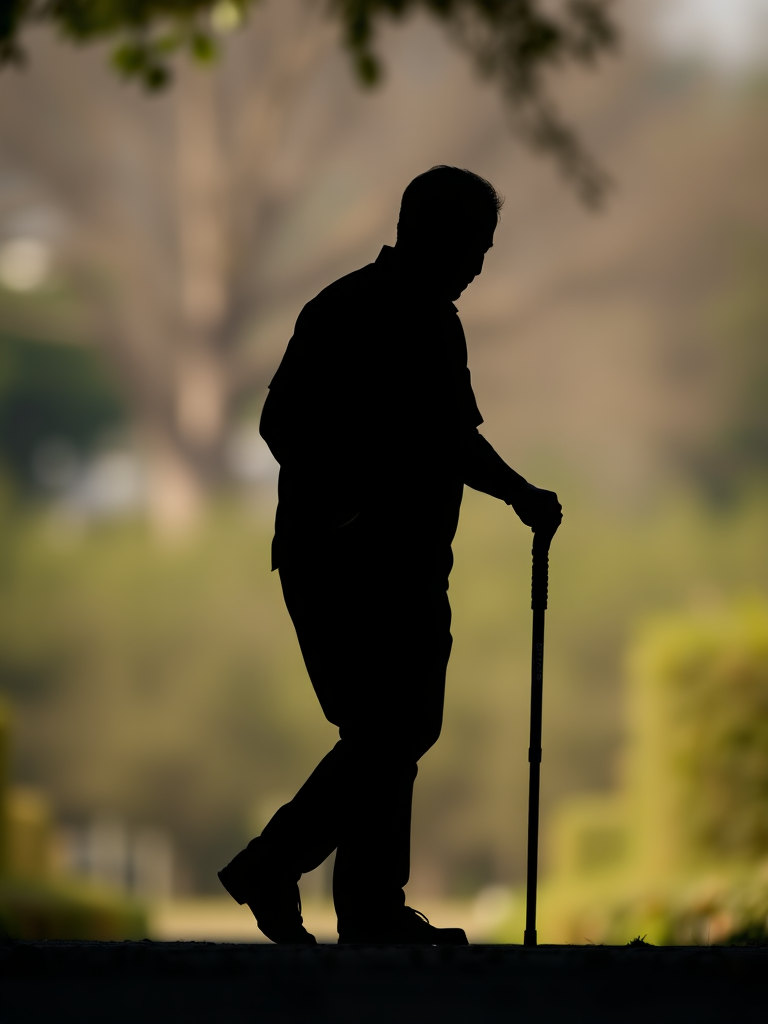 Generate a high-quality image of a stylized black silhouette of a person walking with a cane, captured with a Canon EOS R5, 50mm lens, aperture f/1.8, ISO 100, natural light, and a shallow depth of field to enhance focus on the silhouette against a blurred background.