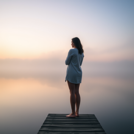 Foggy lake at dawn, the still water reflecting the sky, a woman stands barefoot on the dock, arms wrapped around herself, savoring the peaceful solitude.