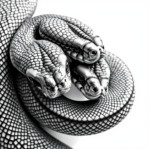 Create a detailed illustration of two snakes intertwined, featuring intricate scales and textures, with high contrast black and white shading, using a DSLR camera with a 50mm lens, aperture set at f/8, ISO 200, and shot in macro view.