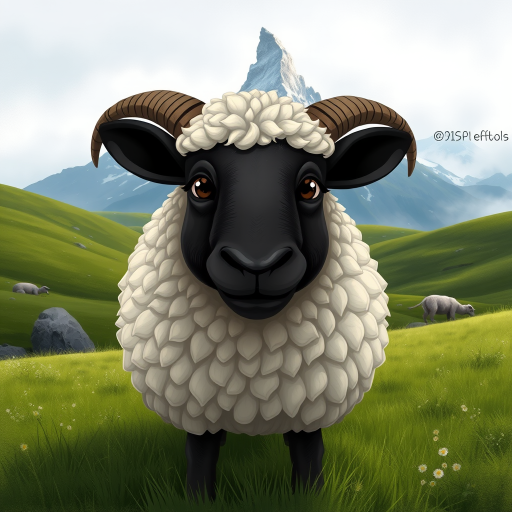 A textured painterly fantasy artistic cartoon image of a curious Valais Blacknose sheep with thick, curly white wool stands front and center in a picturesque alpine meadow, with the iconic Matterhorn Mountain looming in the background. The sheep's face is dark and expressive, with small horns jutting out from its sides. The scene is set against a misty sky, with rolling green hills and distant peaks covered in snow. The overall atmosphere is peaceful, capturing the serene beauty of the Swiss countryside.