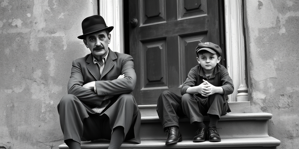 A black-and-white photograph of a man and a child sitting on steps in front of a doorway. The man is dressed as a tramp with a bowler hat, mustache, and ragged clothes, reminiscent of Charlie Chaplin's iconic look. He is sitting with his arms crossed and an expression of slight sadness or frustration. Next to him is a young boy, also in worn clothes and a cap, sitting with his hands clasped, looking thoughtful. The background is an old, textured wall and a partially open door, creating a vintage, early 20th-century atmosphere.