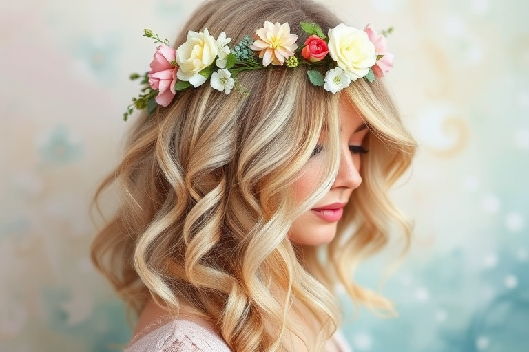 Romantic watercolor balayage blending soft pastels reminiscent of Monet's paintings, styled in loose romantic curls with floral hair accessories