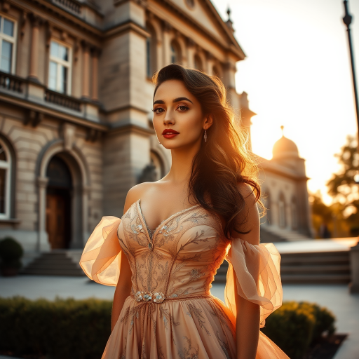 An elegant woman, dressed in a vintage gown, stands in front of a grand, historic building. The setting sun casts a warm, golden light on her