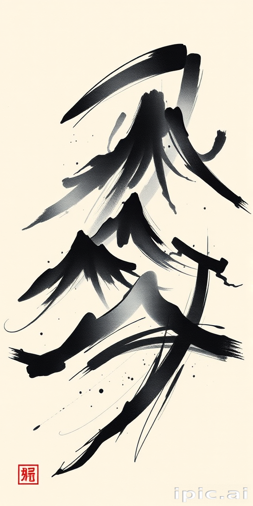 Bold brush stroke tattoo named "Sumi-e Symphony" inspired by traditional Japanese ink wash paintings, featuring dynamic, flowing lines that mimic the spontaneous and expressive strokes of a calligraphy brush. The design incorporates varying thicknesses of black ink, from bold, sweeping curves to delicate, hair-thin lines, creating a sense of movement and energy within the composition. This style is characterized by its emphasis on simplicity, negative space, and the balance between light and dark elements. The "Sumi-e Symphony" tattoo style captures the essence of its subject matter with minimal yet powerful strokes, often depicting natural elements such as mountains, trees, or animals in a highly stylized and abstract manner. This tattoo style appeals to those who appreciate the beauty of simplicity and the artistic traditions of East Asian brush painting.