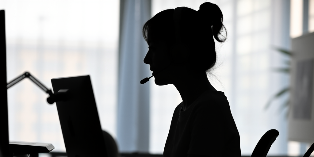 Create a high-resolution silhouette image of a woman with a headset sitting at a desk with a computer, using a Canon EOS R5 with a 50mm f/1.2 lens, aperture at f/1.8, ISO 200, shot from a side angle with soft lighting to enhance the contrast between the silhouette and the background.